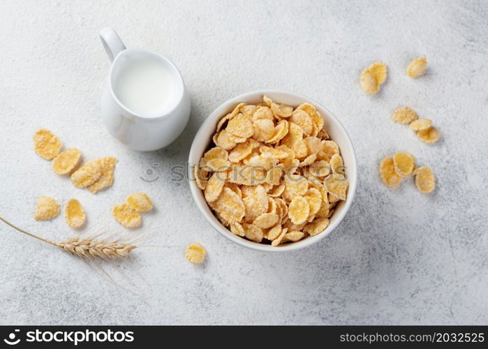 top view corn flakes breakfast with milk wheat
