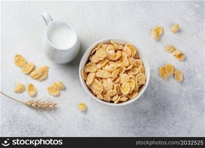 top view corn flakes breakfast with milk wheat