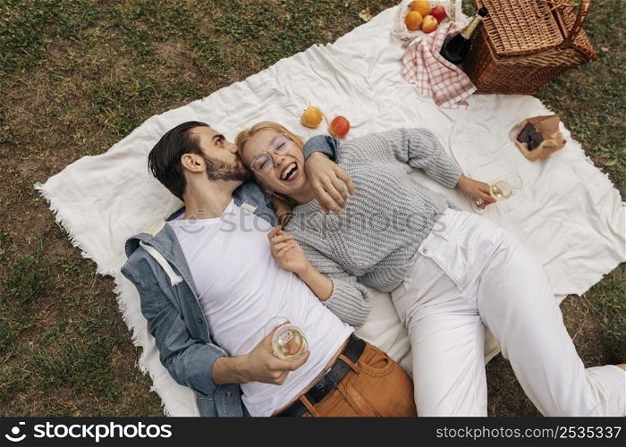 top view couple having picnic together