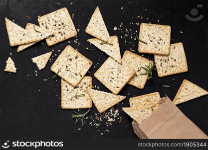 top view crackers with paper bag. Beautiful photo. top view crackers with paper bag
