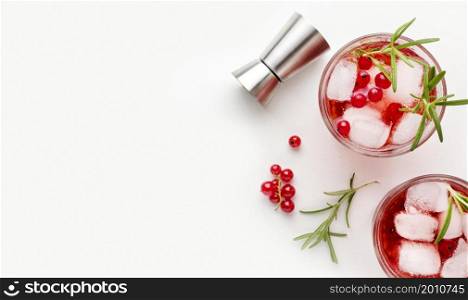 top view cranberry vodka glasses with ice copy space