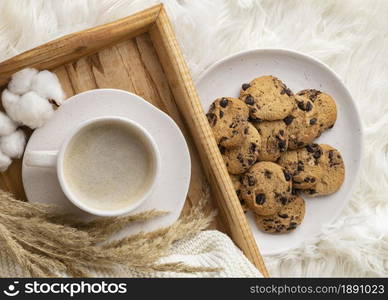 top view cup coffee with cookies cotton flowers. Resolution and high quality beautiful photo. top view cup coffee with cookies cotton flowers. High quality and resolution beautiful photo concept