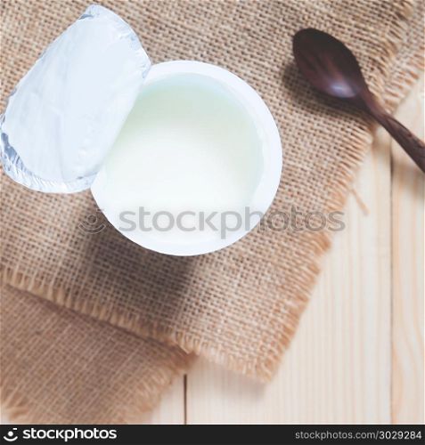 Top view cup of yoghurt, Healthy and dairy product