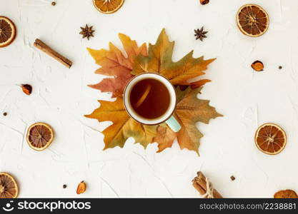 top view cup tea leaf