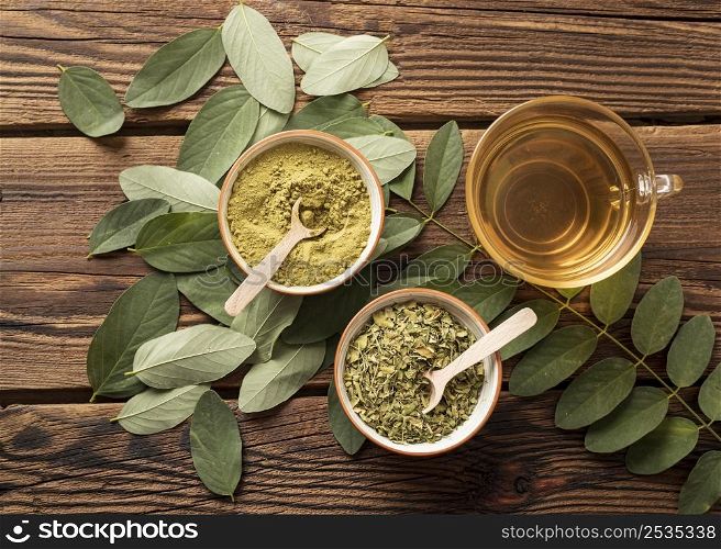 top view cup tea natural herbs leaves