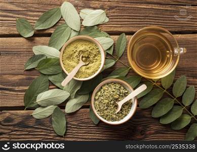 top view cup tea natural herbs leaves