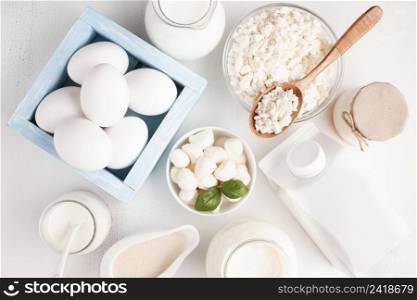 top view dairy products with eggs box
