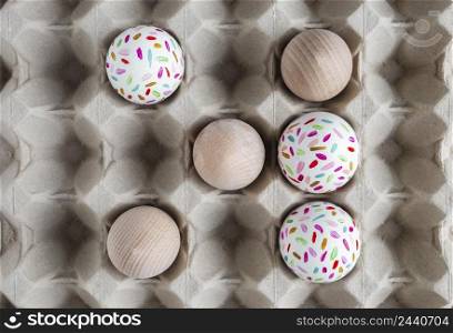 top view decorated easter eggs carton