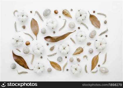 top view decoration with cotton flowers old leaves. Resolution and high quality beautiful photo. top view decoration with cotton flowers old leaves. High quality beautiful photo concept