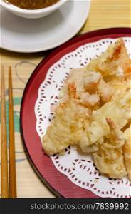 top view deep fried Shrimps with chopsticks on table , (Tempura )