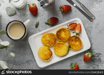 top view delicious breakfast with strawberry