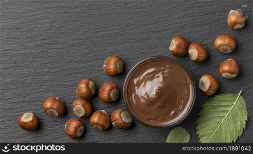 top view delicious hazelnut chocolate. Resolution and high quality beautiful photo. top view delicious hazelnut chocolate. High quality and resolution beautiful photo concept