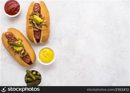 top view delicious hot dogs assortment