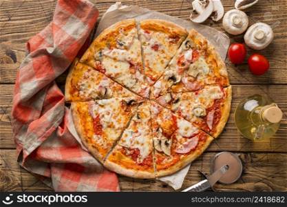 top view delicious pizza wooden table