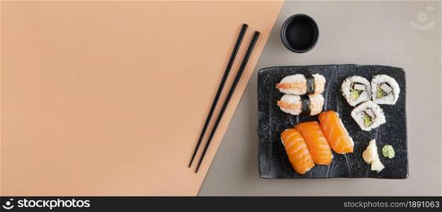 top view delicious sushi with copy space. Resolution and high quality beautiful photo. top view delicious sushi with copy space. High quality and resolution beautiful photo concept