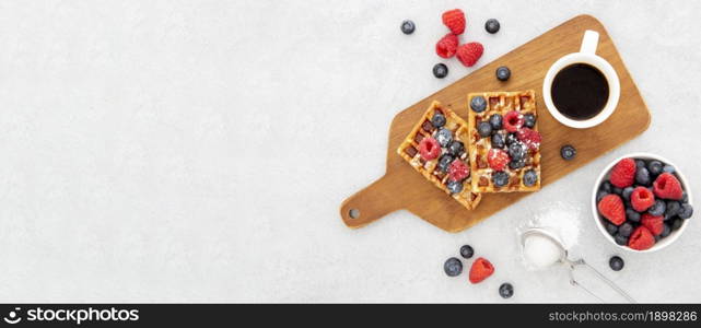 top view delicious sweet waffles coffee wooden board. Resolution and high quality beautiful photo. top view delicious sweet waffles coffee wooden board. High quality beautiful photo concept