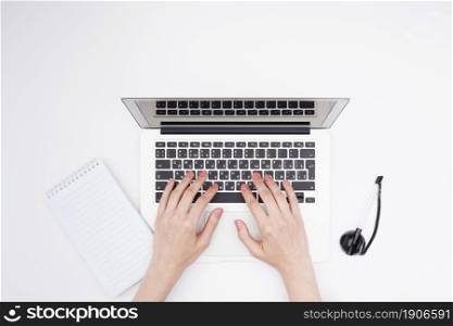 top view desk concept with woman hands. High resolution photo. top view desk concept with woman hands. High quality photo