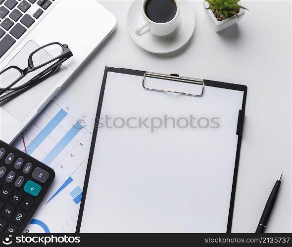 top view desktop with paper calculator