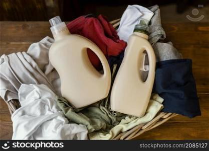 top view detergent bottles clothes