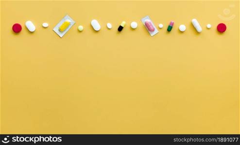 top view different pills row with copy space. Resolution and high quality beautiful photo. top view different pills row with copy space. High quality and resolution beautiful photo concept