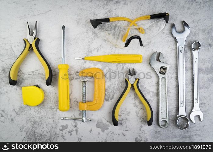 top view different types tools. Resolution and high quality beautiful photo. top view different types tools. High quality and resolution beautiful photo concept