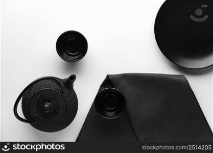 top view dinnerware with teapot