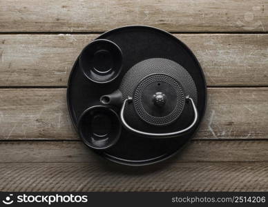 top view dishware with bowls teapot