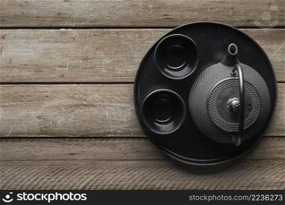 top view dishware with teapot copy space