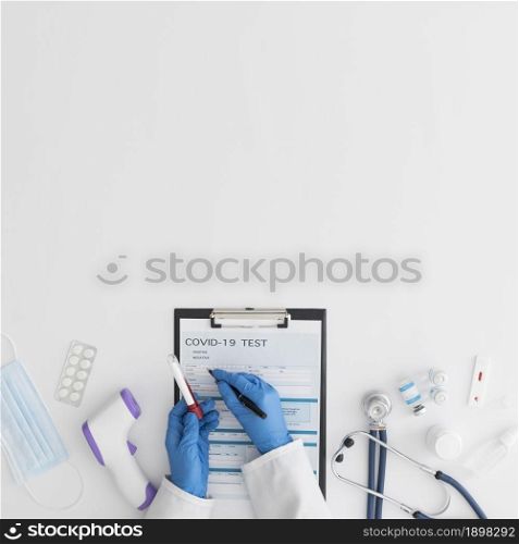 top view doctor checking covid test2. Resolution and high quality beautiful photo. top view doctor checking covid test2. High quality beautiful photo concept