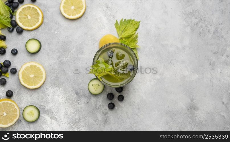 top view drink with herbs fruits