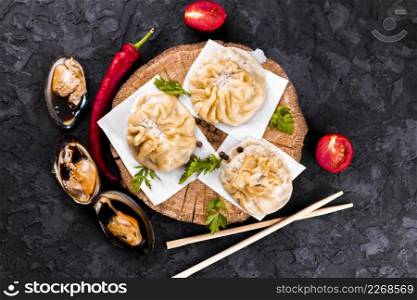 top view dumplings wooden board