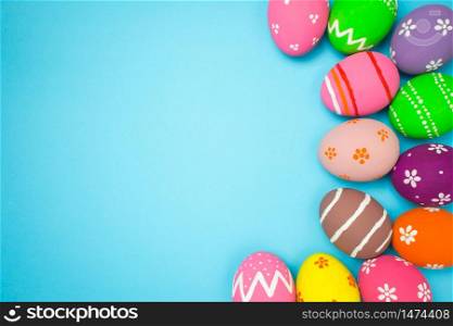 Top view easter egg painting colorful during the Easter and sky background. Easter eggs on the sky background.