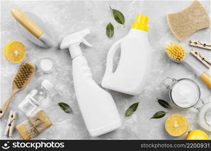 top view eco friendly cleaning products with baking soda lemon