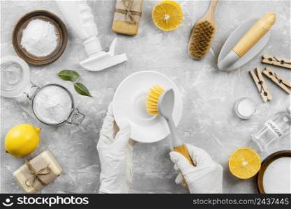 top view eco friendly cleaning products with lemon baking soda