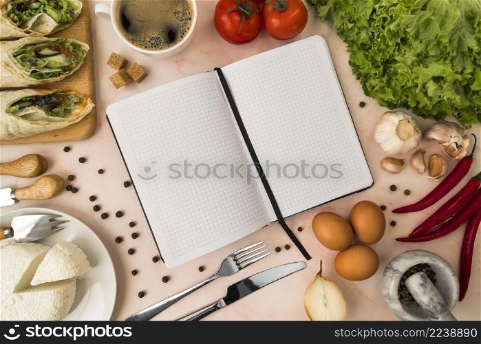 top view empty menu book with salad cheese