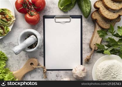 top view empty menu with tomatoes bread