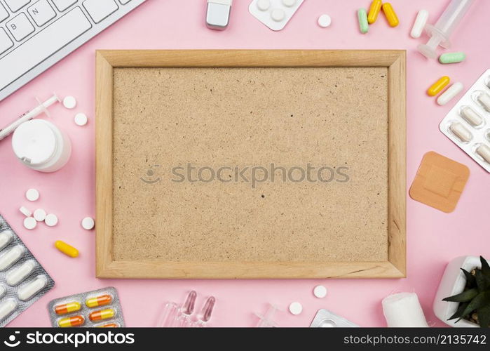 top view empty wooden board medical desk arrangement