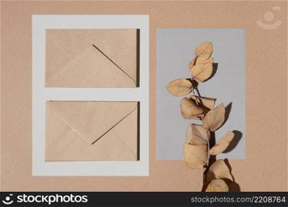 top view envelopes with leaves
