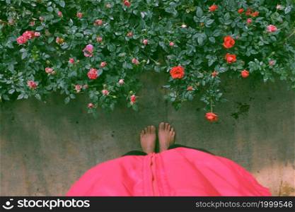 Top view farmer in field with bare foot on ground, Vietnamese woman stand in roses garden that bloom vibrant in colorful, nice scene at farm tour, Da Lat, Vietnam