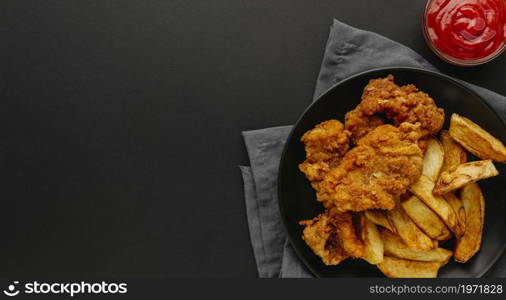 top view fish chips plate. High resolution photo. top view fish chips plate. High quality photo