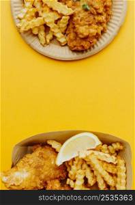 top view fish chips with copy space