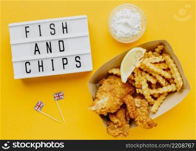 top view fish chips with sauce light box