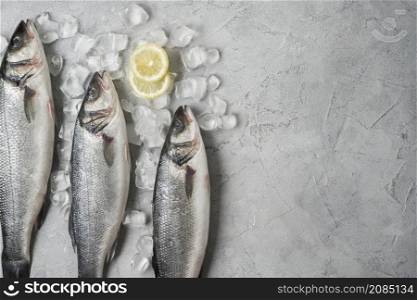 top view fish frame with ice lemon