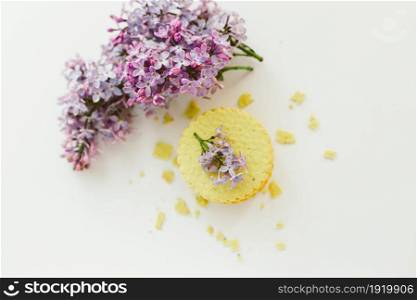 Top view flat lay cute photo of a stack of cookies accompanied with lilac flowers.. Top view flat lay photo of a stack of cookies accompanied with lilac flowers.