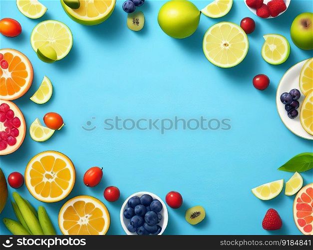 Top View Flat Lay of Fresh Fruits on Pastel Blue Background. Generative AI.