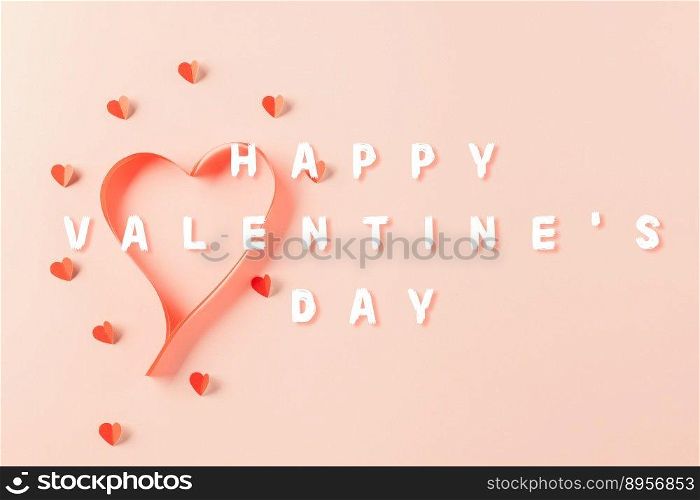 Top view flat lay of Ribbons shaped as heart and paper elements cutting red hearts flying on pink background, Banner template greeting card design of holiday, Love and Valentines Day background