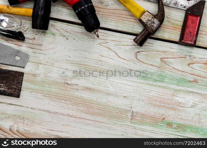 Top view flat lay of tools for handyman and carpenter. Woodwork hobby and DIY concept.