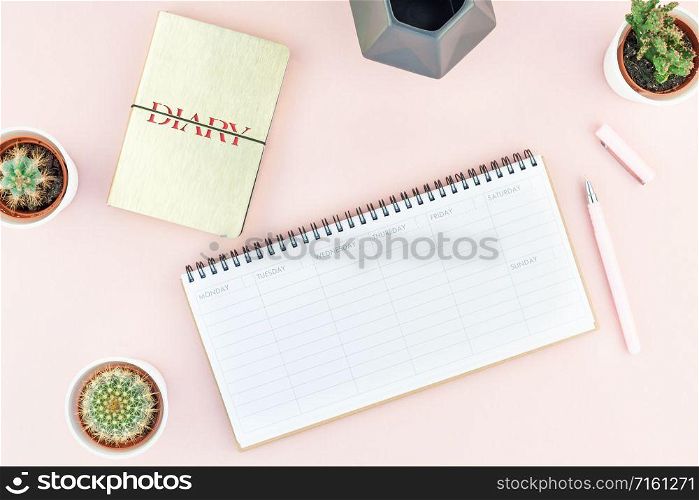 Top view flat lay of workspace desk styled design office supplies and cactuses succulents with copy space millennial pink color paper background minimal style. Template for feminine blog social media