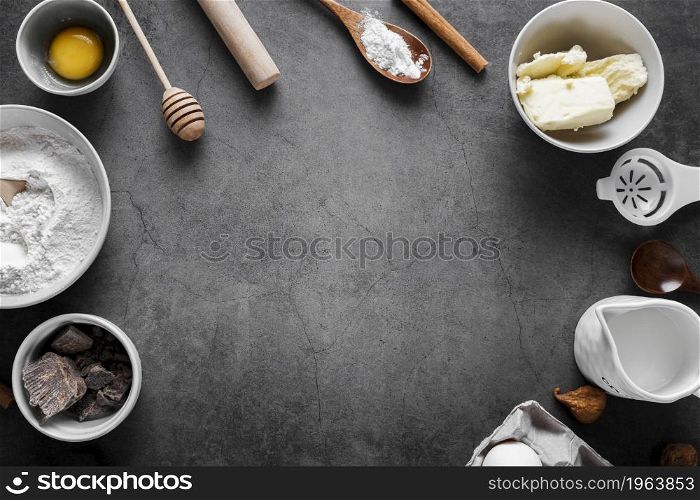 top view flour with baking tools table. High resolution photo. top view flour with baking tools table. High quality photo