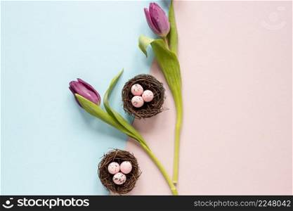 top view flowers baskets with eggs